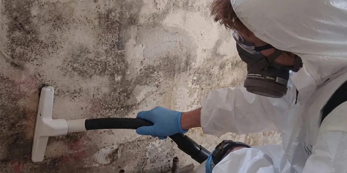 professional mold removal technician wearing protective equipment removing mold from a wall in San Francisco, CA